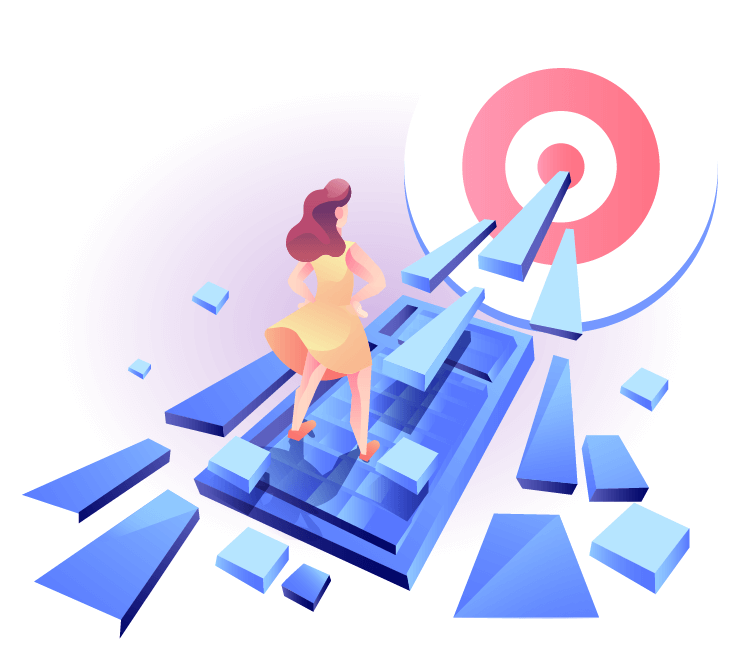 Illustration of woman standing on shapes moving towards a bullseye target