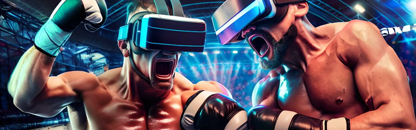 Two boxers fighting in a ring wearing VR headsets